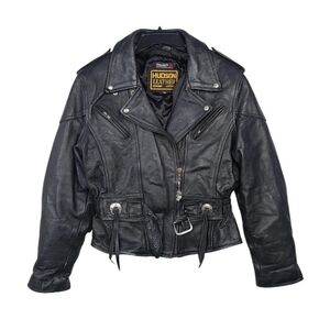Vtg 70s Hudson Leather Biker Motorcycle Jacket Womens M Black Belted Tassels